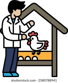 A man in a white lab coat is feeding a chicken. The chicken is laying eggs in a basket