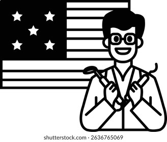 A man in a white lab coat holding dental tools and smiling in front of an American flag. Concept of pride and patriotism, as the man is a dentist and the flag represents the country he serves