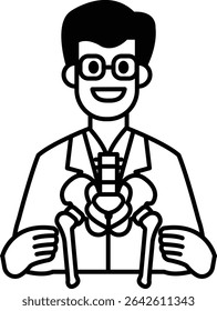 Um homem com um jaleco branco segurando um par de pernas. Ele está sorrindo. A imagem é de um médico examinando um paciente