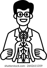 A man in a white lab coat is holding a skeleton and smiling. Concept of curiosity and wonder about the human body and its intricate systems