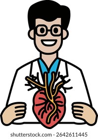 A man in a white lab coat holding a heart with veins. He is smiling. Concept of happiness and positivity