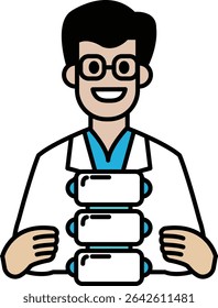 A man in a white lab coat is holding a stack of white boxes. He is smiling and he is happy