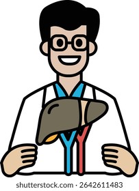 A man in a white lab coat holding a liver. He is smiling. The image is of a cartoon