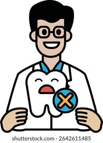 A man in a white lab coat holding a toothbrush with a smile on his face. The toothbrush has an X on it, which could represent the importance of oral hygiene