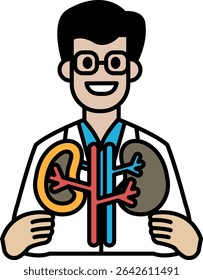 Un hombre con una bata de laboratorio blanca sosteniendo un modelo de un riñón. Concepto de curiosidad científica y deseo de aprender más sobre el cuerpo humano