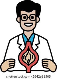 A man in a white lab coat holding a model of a human body. He is smiling and he is happy
