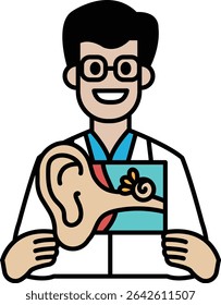 A man in a white lab coat holding a picture of an ear. He is smiling and he is happy