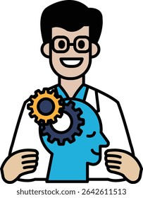 A man in a white lab coat is holding a blue head with a gear on it. The man is smiling and he is happy. Concept of positivity and enthusiasm for learning and exploring new ideas