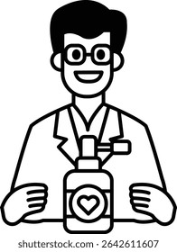 A man in a white lab coat holding a bottle of medicine. He is smiling and he is happy
