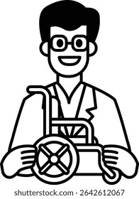A man in a white lab coat is holding a wheelchair. He is smiling and he is happy