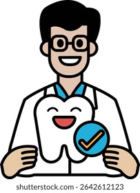 A man in a white lab coat holding a toothbrush with a smile on his face. Concept of happiness and positivity, possibly related to dental hygiene or a dental check-up
