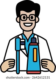 A man in a white lab coat holding a toothbrush and a bottle of toothpaste. He is smiling and he is a dentist