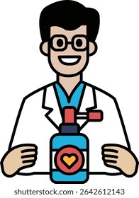 A man in a white lab coat holding a blue bottle with a heart on it. He is smiling and he is happy