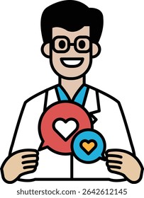 A man in a white lab coat holding a heart shaped sign with a smile on his face. The sign says "love" and is surrounded by two other heart shaped signs. The image conveys a message of love