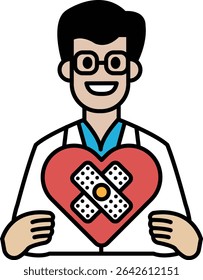 A man in a white lab coat holding a heart with bandages on it. The man is smiling and he is happy