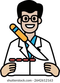 A man in a white lab coat holding a knife and smiling. Concept of confidence and expertise in the medical field