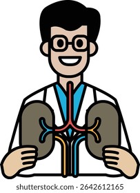 A man in a white lab coat holding up a diagram of the kidneys. He is smiling and he is happy