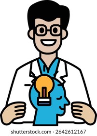 A man in a white lab coat is holding a head with a light bulb inside of it. The man is smiling and he is happy. Concept of creativity and innovation
