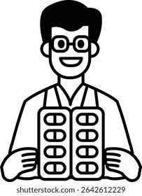 A man in a white lab coat holding a pill bottle. He is smiling and he is happy