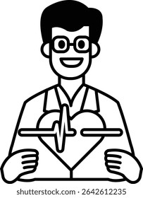 A man in a white lab coat holding a heart. The man is smiling and he is happy