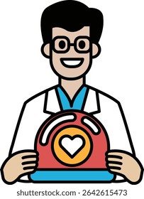 Um homem com um jaleco branco segurando um coração vermelho. O homem está sorrindo e está feliz