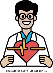 A man in a white lab coat holding a heart. He is smiling and he is happy