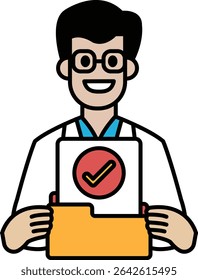 Um homem com um jaleco branco segurando uma pasta com uma marca vermelha. Ele está sorrindo e tem orgulho de seu trabalho