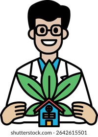 Un hombre con una bata de laboratorio blanca sosteniendo una planta al lado de una casa. El hombre está sonriendo y es feliz