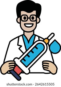 Um homem com um jaleco branco segurando uma seringa. Ele está sorrindo e é feliz