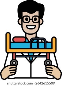 A man in a white lab coat is holding a hospital bed. He is smiling and he is happy