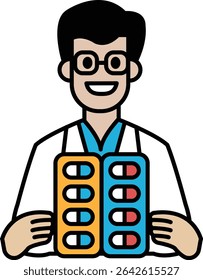 A man in a white lab coat holding a pill bottle. He is smiling and he is happy