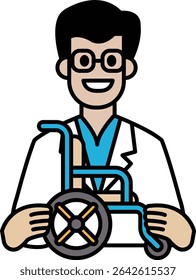 A man in a white lab coat holding a wheelchair. He is smiling and he is happy