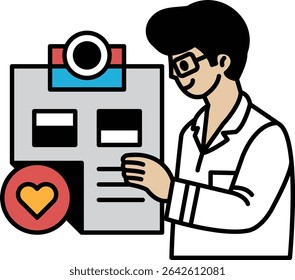 A man in a white lab coat is looking at a clipboard with a heart on it. He is smiling and he is happy