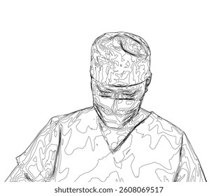 A man in a white lab coat with a mask on his face. The drawing is in black and white