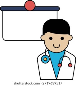A man in a white lab coat is smiling and standing in front of a white board. The board has a blank space on it, which could be a presentation or a sign