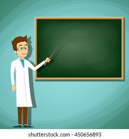 Man in white lab coat standing next to the board. Stock Vector cartoon illustration.