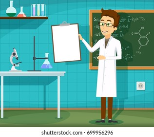 Man in white lab coat standing with clipboard in hand. Chemical laboratory. Stock vector cartoon illustration.