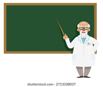 Un hombre con una bata de laboratorio blanca se para frente a una pizarra verde con un puntero