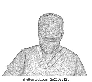 A man in a white lab coat with a stethoscope on his head. The image is a stylized drawing of a doctor