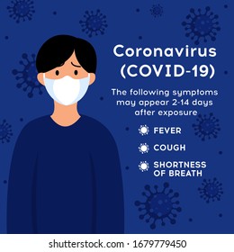 Man in white medical face mask. Novel Coronavirus 2019-nCoV . Virus Covid 19-NCP. Symptoms.