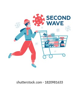 Man in white medical mask and warm clothes with cart shopping in supermarket. Concept of corona virus second wave quarantine. Flat vector illustration.