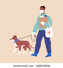 Man in white medical protective mask and medical gloves, shopping in supermarket and pharmacy, walking with their dog. Coronavirus quarantine vector illustration. Protect from COVID-19 virus