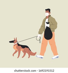 Man in white medical protective mask and medical gloves takes out the trash and walking with their dog. Coronavirus quarantine vector illustration. COVID-19 virus pandemic. Stay safe