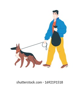 Man in white medical protective mask and medical gloves takes out the trash and walking with their dog. Coronavirus quarantine vector illustration. 2019-nCoV virus pandemic. Stay safe