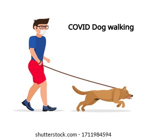 Man in white medical protective mask and medical gloves, walking with their dog. Coronavirus quarantine vector illustration. Protect from COVID-19 virus