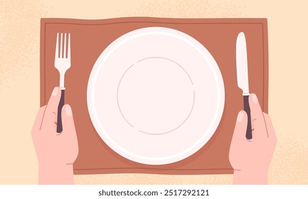 Man and white plate. Person wait food, breakfast lunch dinner time. Hands holding knife and fork and empty bowl. Human eating racy vector background