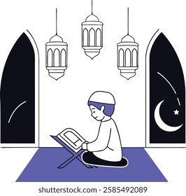 A man in white praying on a blue mat under hanging lanterns with a night sky theme, evoking the peace of Ramadan nights.