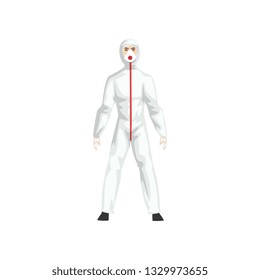 Man in White Protective Suit and and Gas Mask, Chemical or Biohazard Professional Safety Uniform Vector Illustration
