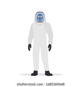 A man in a white protective suit is isolated on a white background. Flat style. Vector.