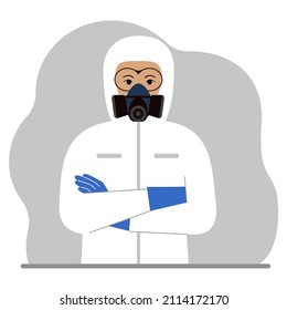 A man in a white radiation protective suit and a helmet with a respirator, chemical or biological safety uniform. Vector